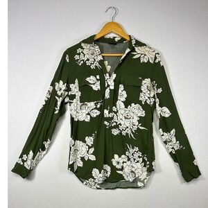 Floral Cottagecore Ann Taylor Factory Womens XS Olive Green Popover Blouse Top